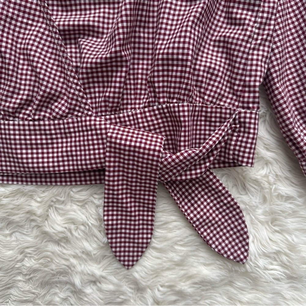 Madewell Blouse Wrap Top in Gingham Check Cropped Gingham Rusty Burgundy L - Picture 8 of 14